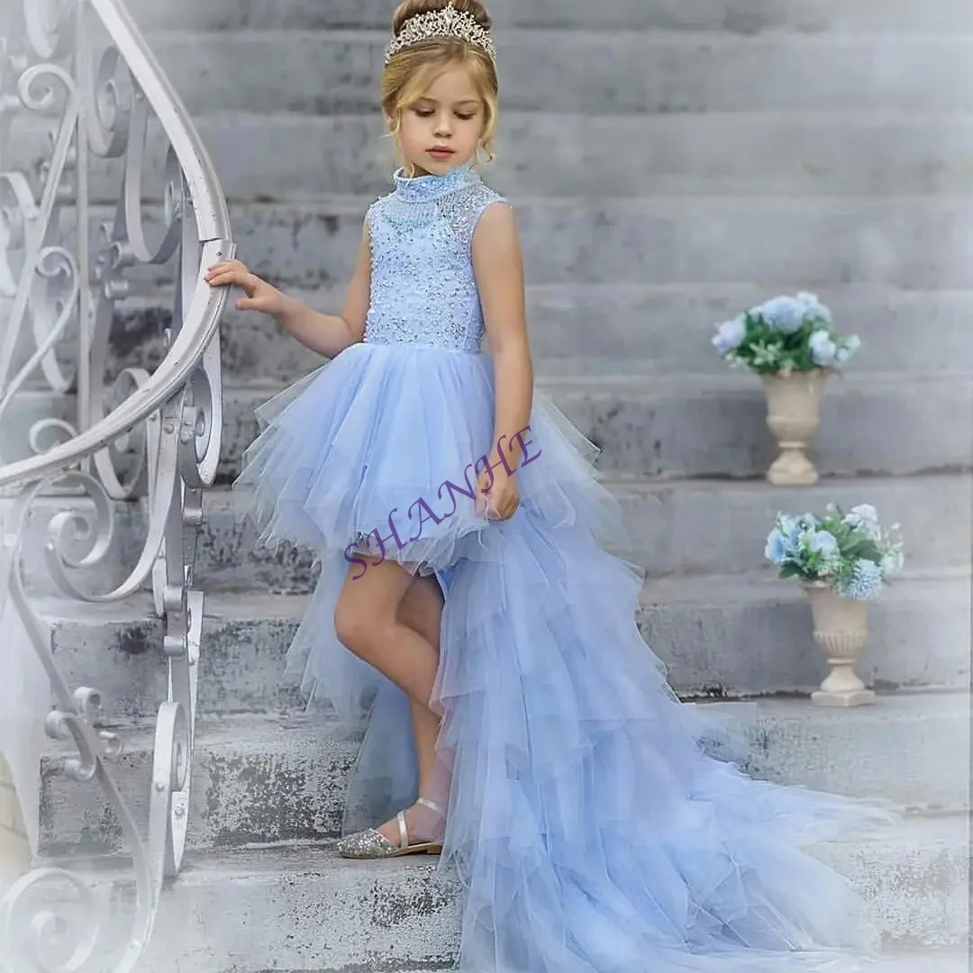 فستان فتاة الزهور الزرقاء المخصص لحفلات الزفاف بدون أكمام مزين بالتول منتفخ أول مناولة للحفلات المسائية وحفلات التخرج