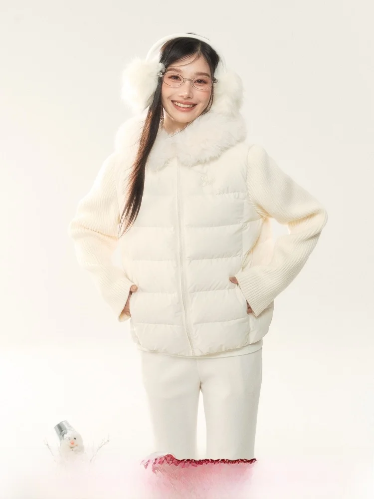 

Женская зимняя куртка-пуховик ELEVEN SP с капюшоном, вязаными рукавами и меховым воротником, теплая верхняя одежда для повседневной носки, корейский стиль