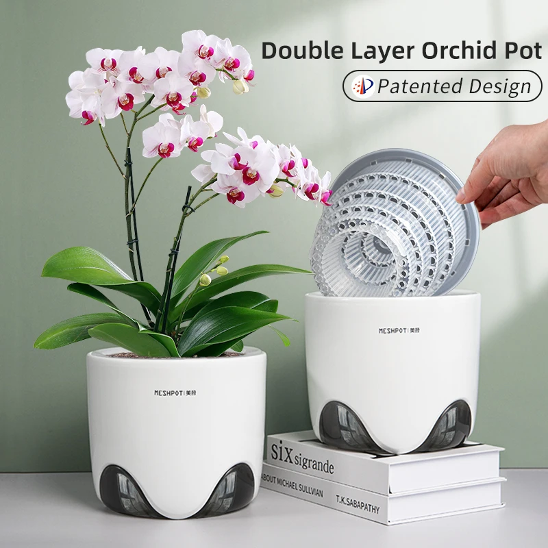 

Meshpot Orchid Pots with Holes for Repotting Double Layer Plastic Imitate Ceramic Orchid Planter Provide Good Air Circulation