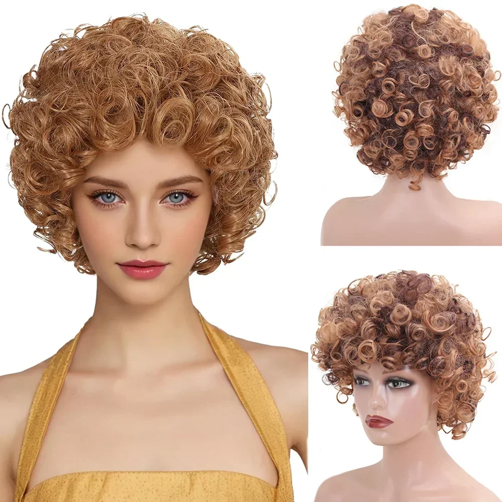 

Короткий синтетический афро вьющийся парик с челкой для чернокожих женщин Коричневые вьющиеся волосы Ombre Светлые парики