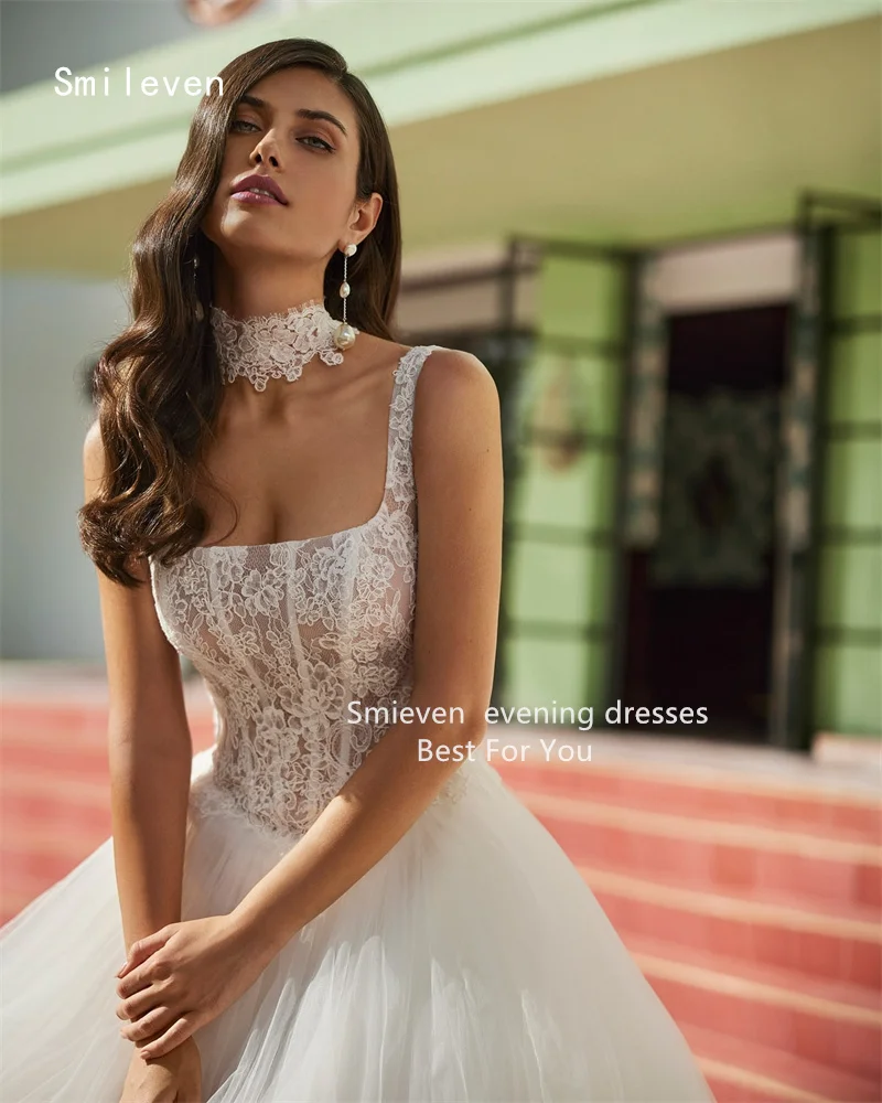 LORIE Lace Applique A-line Wedding Dresses Spaghetti Strap Bridal Gown Square Collar Fluffy Wedding Dress Customized 2026