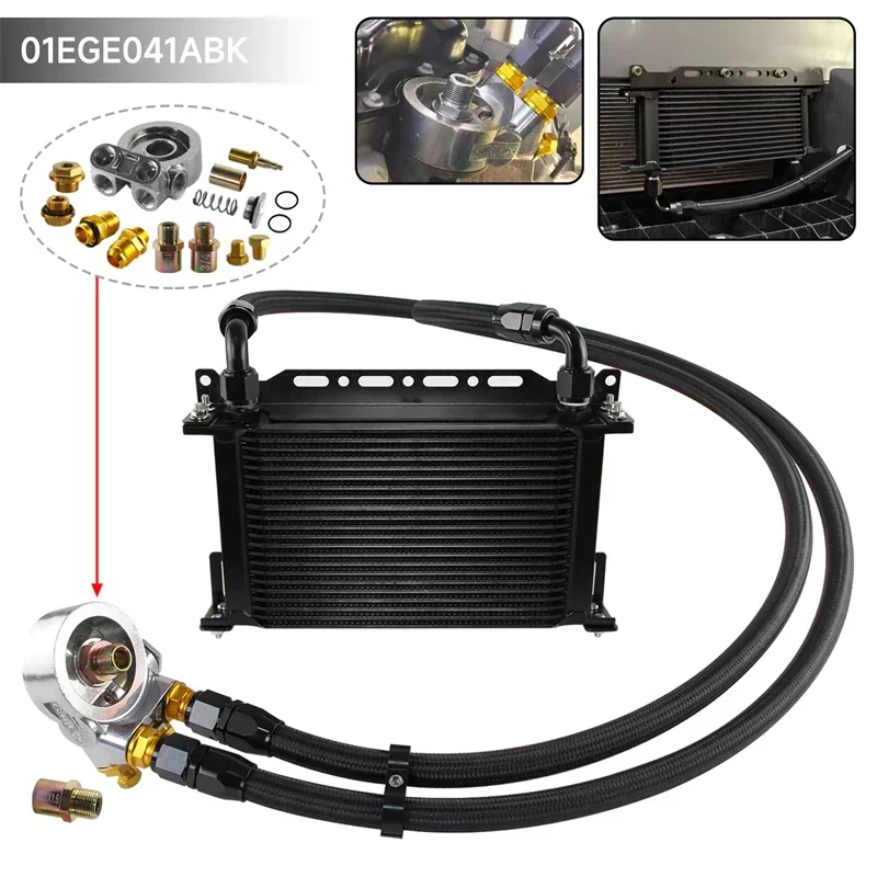 

22 Row Universal 10AN Engine Oil Cooler with Thermostat 70C Oil Filter Adapter & Fuel Hoses & Bracket