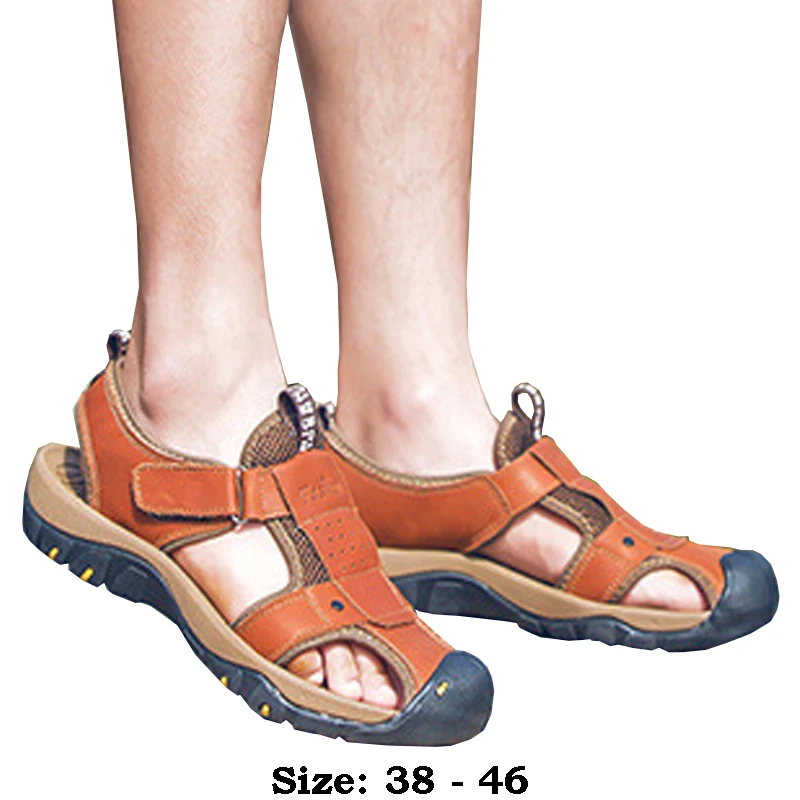 

High quality leather flat sandals for men round toes new summer 2024 size 45 46 casual outdoor walking big size shoe khaki brown