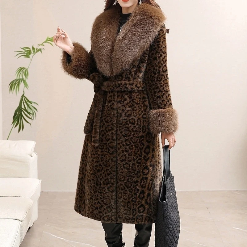 Inverno longo casaco de pele do falso moda feminina luxo leopardo impressão pele outwear temperamento feminino engrossar para cor de pele jaqueta de vison