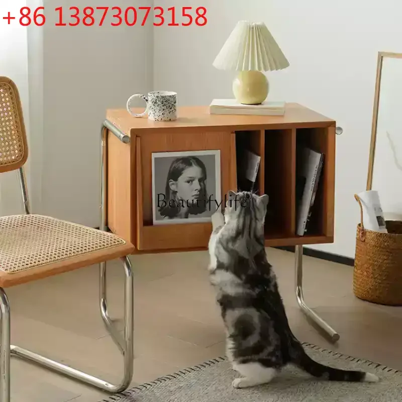 خزانة جانبية للأريكة الاسكندنافية من الخشب الصلب، خزانة كتب يابانية بسيطة، خزانة تخزين متعددة الوظائف