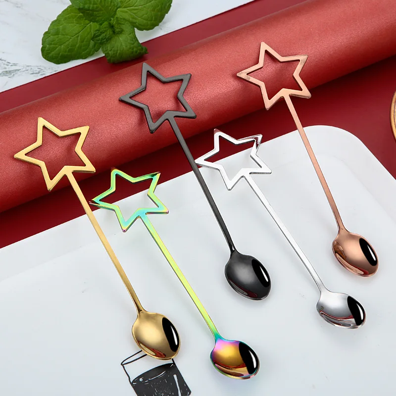 1PC Stainless Steel Coffee Spoon Five-pointed Star Mixing Spoon Long Handle Mixing Spoon Fruit Fork Kitchen Tableware