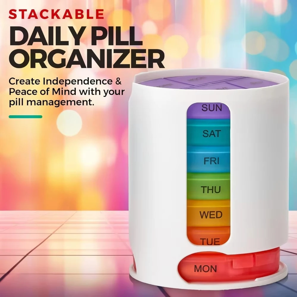 

Weekly Pill Organizer 7 Day Pill Box 4 Times a Day Stackable Rainbow Medicine Organizer Pill Case for Travel Home Elderly Use