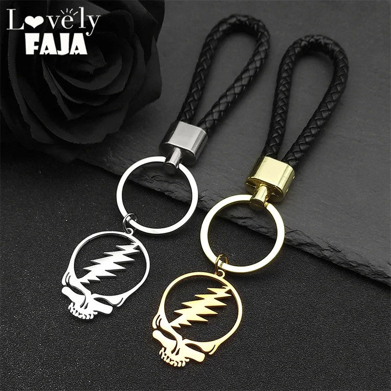 Dead Skull Music Band PU Leather Keychain Women Men Stainless Steel Key Ring Holder Bag Pendant Jewelry Gift K3169