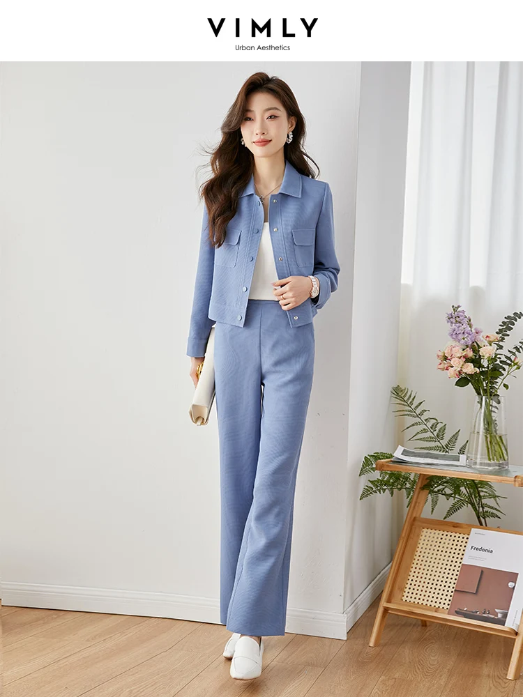 Vimly Pant Sets para Mulheres Moda Chic 2023 Primavera New Two Piece Set para Mulheres Azul Manga Longa Turndown Collar Lady\'s Tricksuit