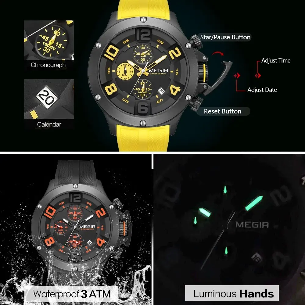 MEGIR Big Dial Sport Quartz Watch for Men Fashion Waterproof Chronograph Wristwatch with Date Silicone Strap Luminous Hands 8115