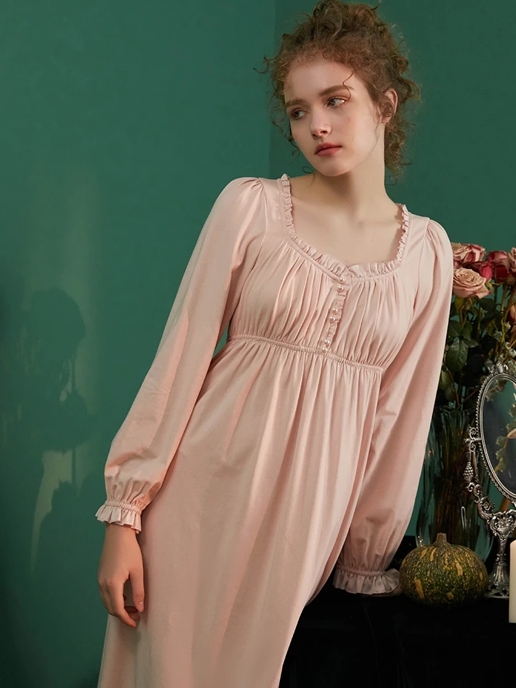 New Vintage Cotton Princess Long Sleepwear For Lady Spring Autumn Long Sleeve Elegant Loose Long Nightgowns Home Dress