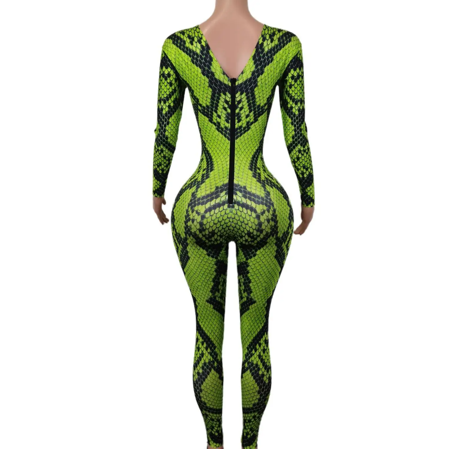 Frauen Leggings grün Schlangen leder drucken lange Ärmel Bodycon Overall Showgirl Body suits Dame Nachtclub Party ds Pole Dance Kostüm