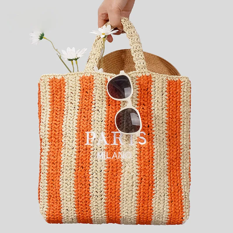 New Striped handmade woven women bag straw woven handbag fashion embroidered letter beach vacation shoulder bag tote bag