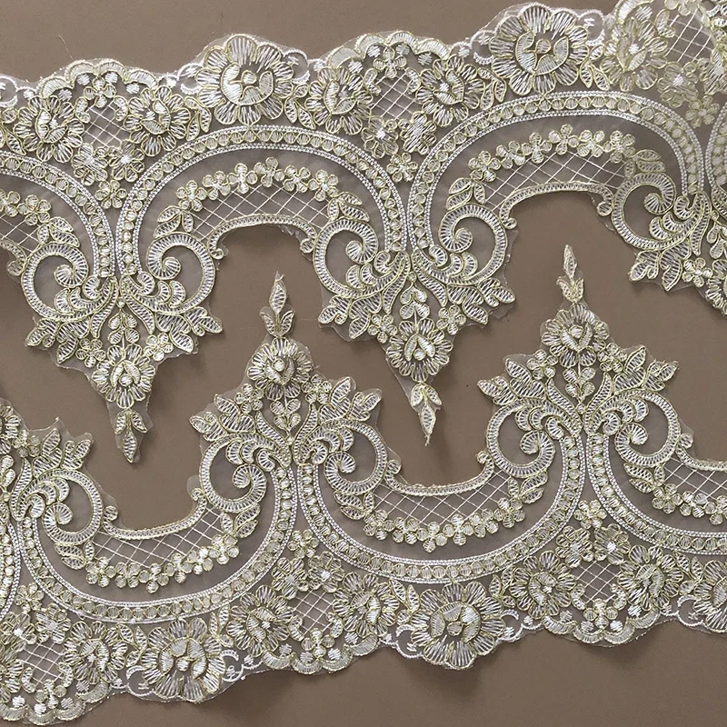 1Yard Gold Embroidered Cording Fabric Flower Venise Venice Mesh Lace Trims Applique Sewing Craft For Bride Wedding Dresses Dec