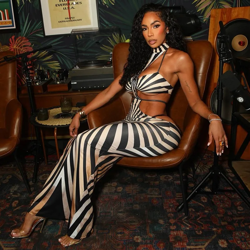 Women's Zebra Stripes Buttons Lace-Up Halter Chest Wrapped Sleeveless Backless Hips Wrapped Sexy Long Dress
