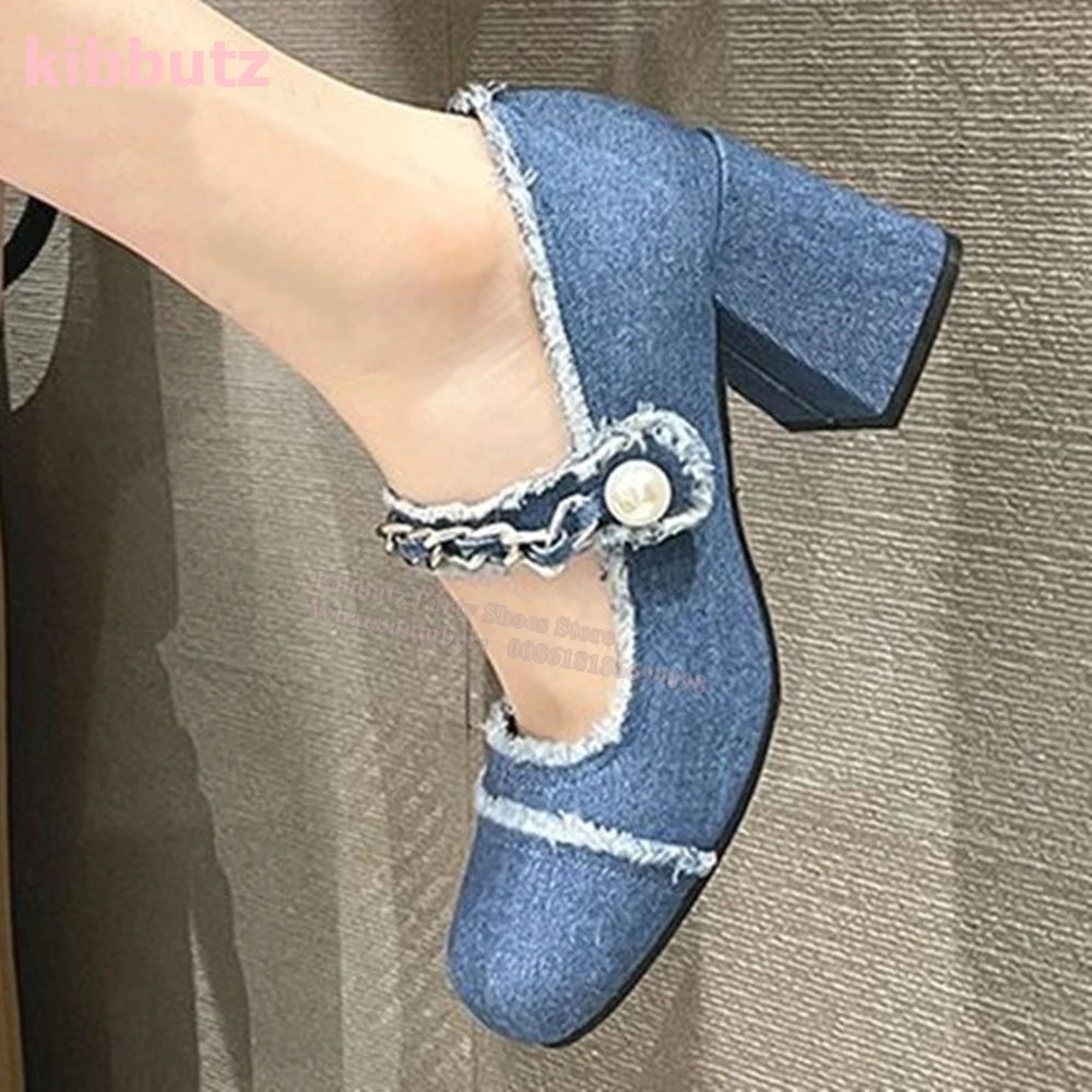 

Denim Cloth Pearl Single Pumps Metal Chain Retro Solid Blue Round Toe Square Heel Slip-On Fashion Sexy Concise Women Shoes New