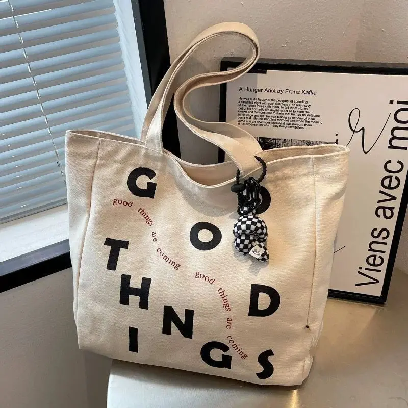 Bolso de hombro de lona para mujer, bolsa de mano informal con estampado de letras, de algodón de gran capacidad, de alta calidad, para compras y