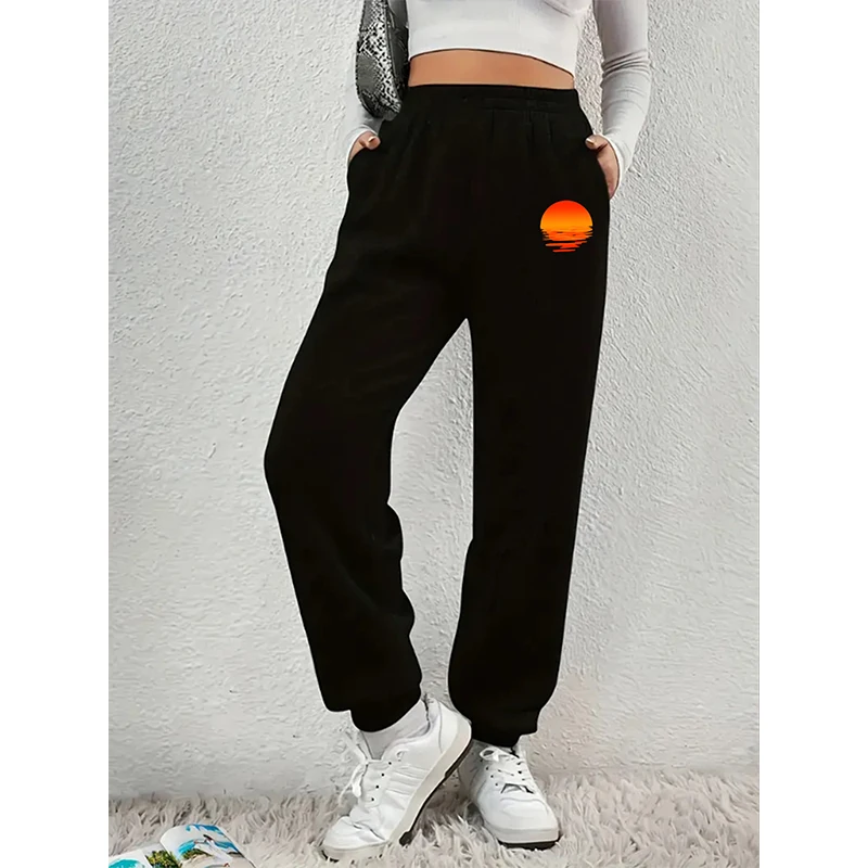 

Red Sunset Printed Women's Trousers Casual Loose Women's Harlequin Pants Elastic Waist Solid Color Female Pants