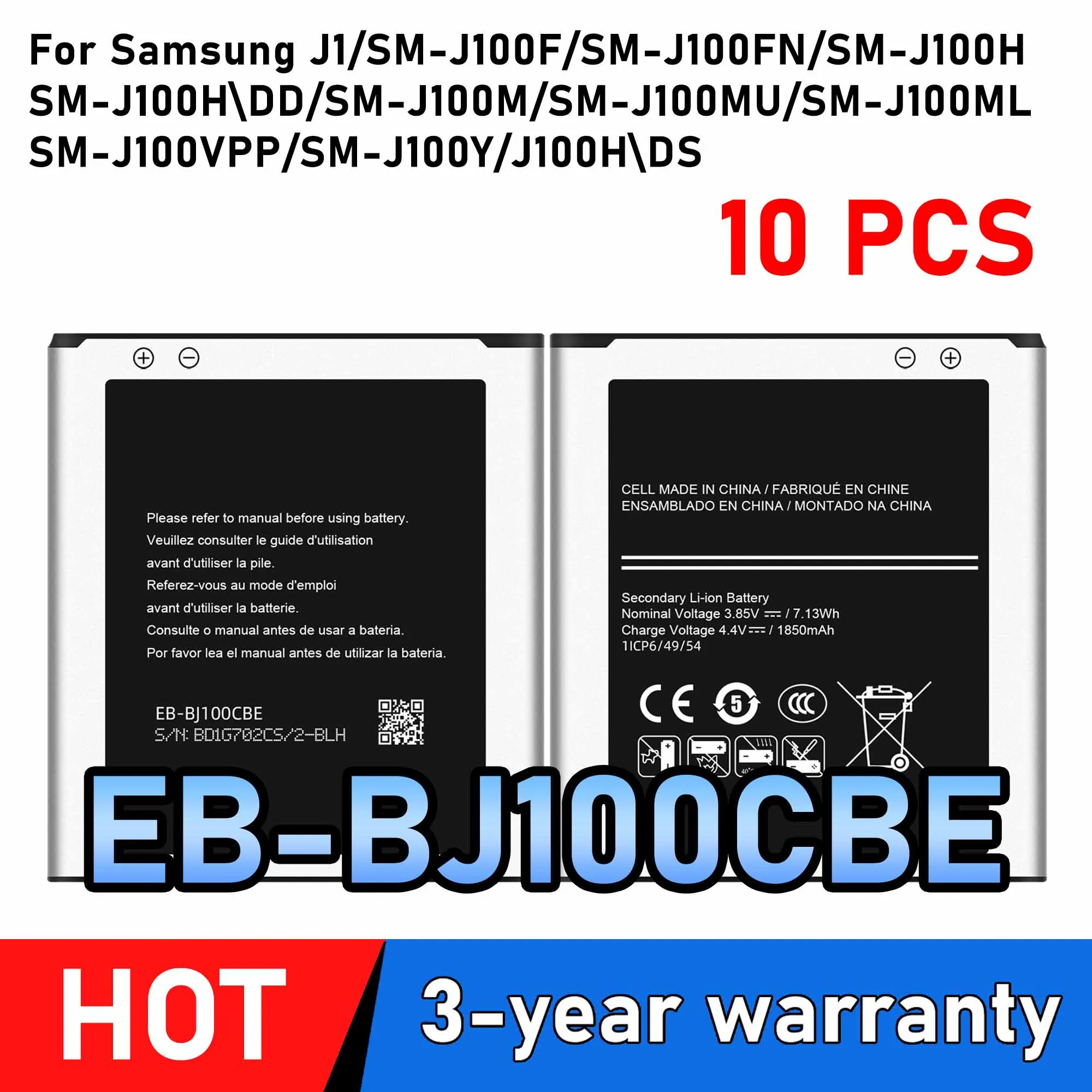 10Pcs EB-BJ100CBE EB-BJ100BBE Battery 1850mAh For Samsung Galaxy J1 J100 SM-J100F J100FN J100H J100M J100Y J100D