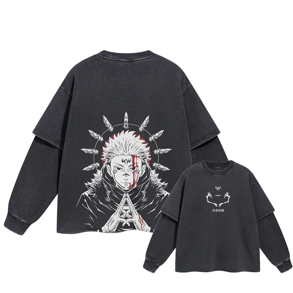 

Jujutsu Kaisen T-Shirts Streetwear Black Washed Tee Harajuku Anime Graphic Print T-Shirt Men Long Sleeve Cotton Vintage Tshirt