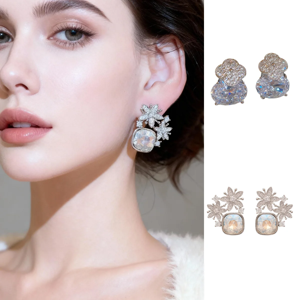 

Zircon Flower Square Stud Earrings Luxurious Sparkle Elegant Beauty Silver Pin Earrings Affordable Luxury Sophisticated Style