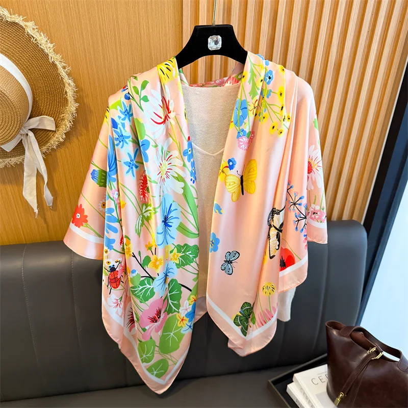 2026 Butterfly Garden Satin Silk Scarf for Women All Season Large Square Neck Warmer Soft Korean Style Wrap Gift Elegant Daily