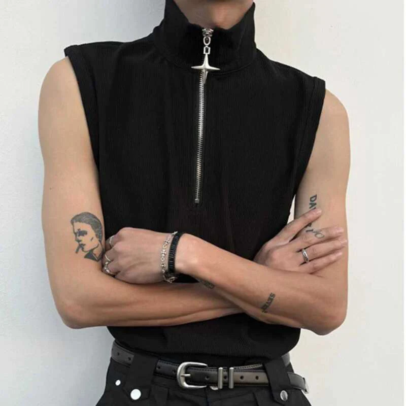 LUZHEN Solid Color Zipper Decorate Sleeveless T-shirts Men's 2025 Summer Original Streetwear Trendy Stand Neck Tank Tops JY2796