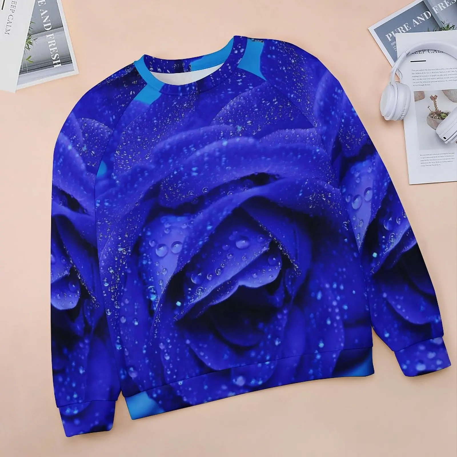 Blue Fower Casual Hoodies Rose Print Y2k Design Hoodie Spring Long Sleeve Hip Hop Oversized Sweatshirts Gift