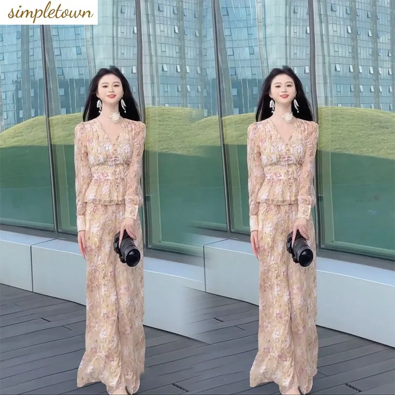 

Internet celebrity hot spring and summer temperament new set floral fashion top+wide leg pants two-piece set trendy