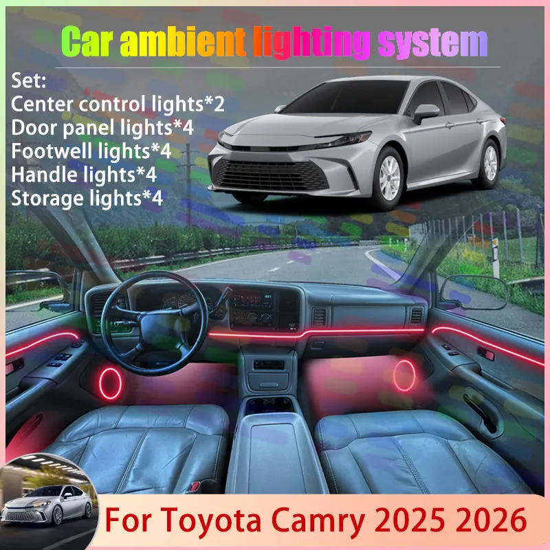 

Для Toyota Camry MK9 XV80 2025 2026 2/18 в 1, автомобильная атмосферная лампа, RGB абажур, ансамбль, стример, атмосферный набор, аксессуары