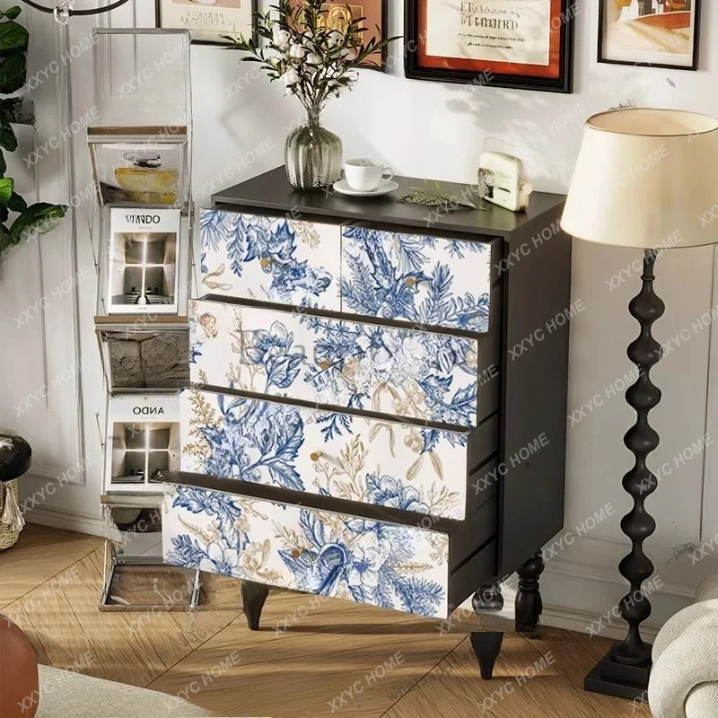 XXretro solid wood chest of drawers, living room painted and printed against the wall, light luxury decorative locker