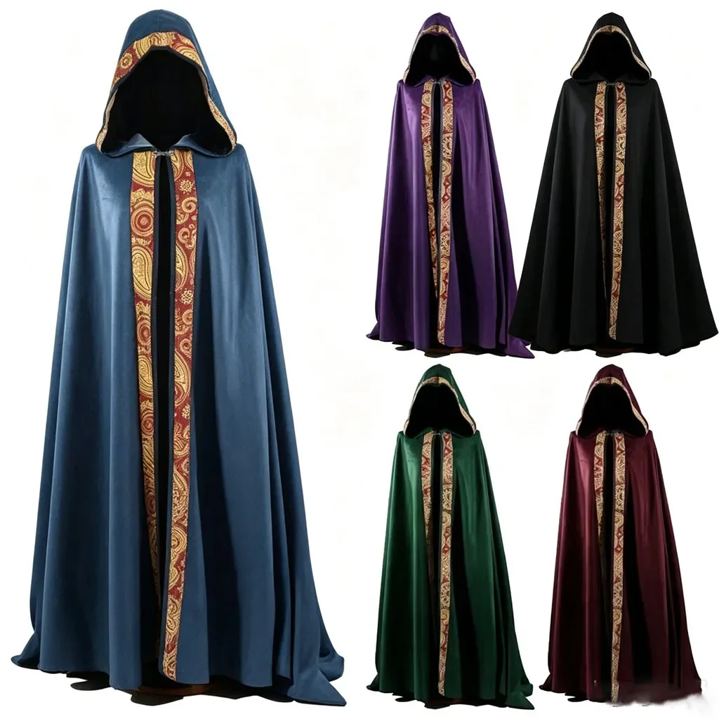 Mantello gotico vintage con cappuccio, lungo mantello da clero medievale, costume da strega o mago per feste di Halloween.