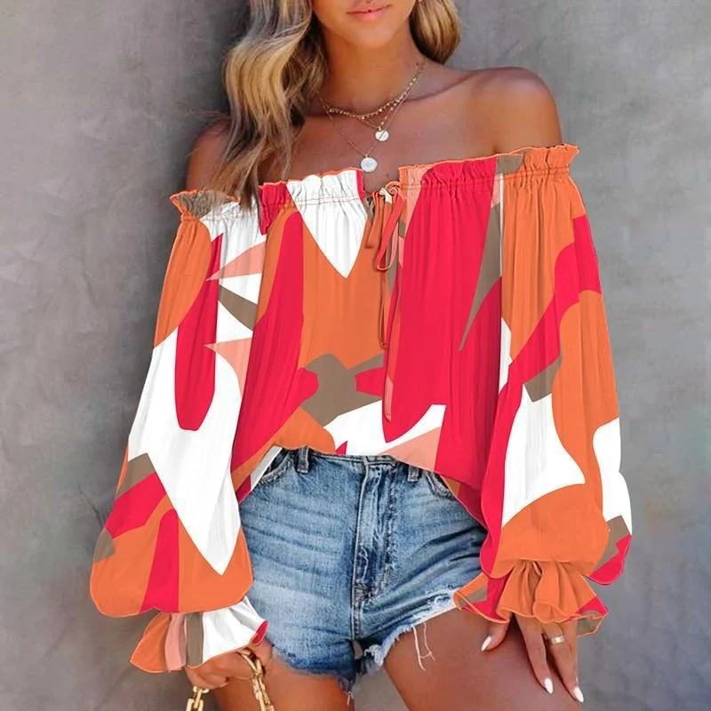 

Off-Shoulder Floral Print Blouse Women's Fashion Spring 2026 Princess Sleeve Shirt Not Easy to Deform No-Sleeve Other Material