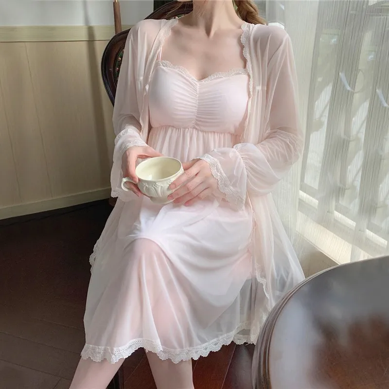 Twinset Mesh Robe Gown Suit Sleepwear Nightdress Summer Womens Sexy Lace Kimono Nightgown Bathrobe Loungewear