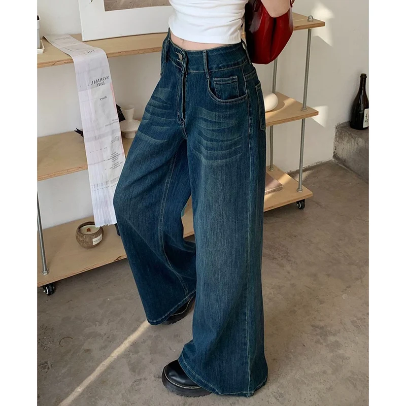 Lady Korean High Waist Casual Daily Jeans Women Retro Fashion Blue Long Pants Girls Chic Straight Leg Denim Trousers