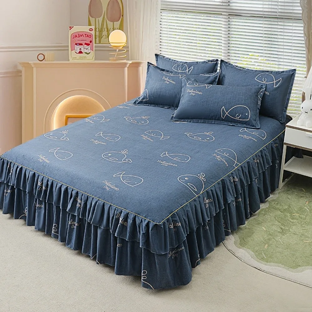 

Пыленепроницаемая двойная кружевная юбка-кровать, комплект из трех предметов с цветочным принтом, 120/150 см, комплект простыней 3 в 1, приятный для кожи, удобный