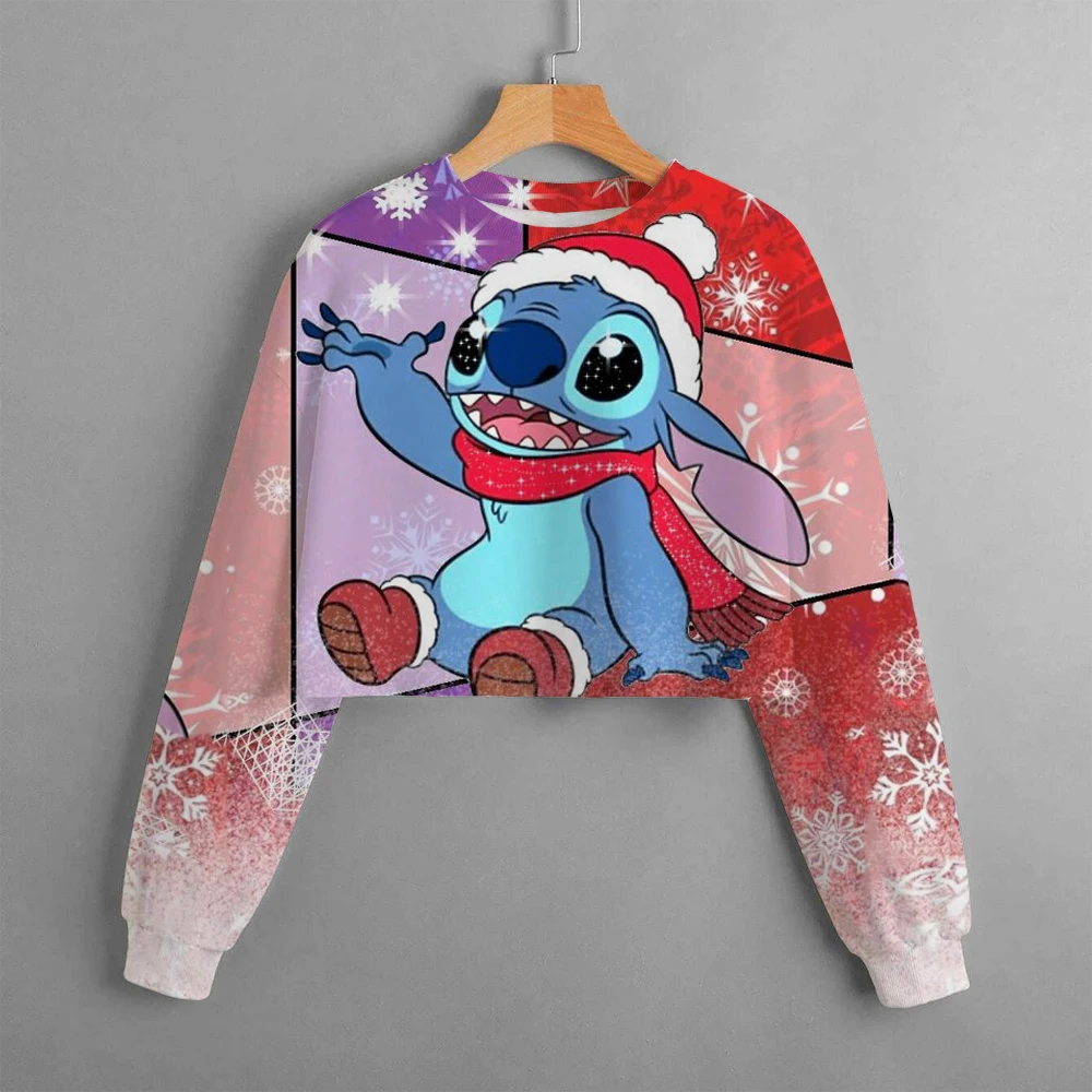 Disney Lilo & Stitch เสื้อผ้าเด็ก, เสื้อสเวตเตอร์สั้นพิมพ์ลายการ์ตูนใหม่ฤดูใบไม้ร่วงและฤดูหนาวลำลองสำหรับเด็กผู้หญิงเด็กผู้หญิงเสื้อน่ารัก