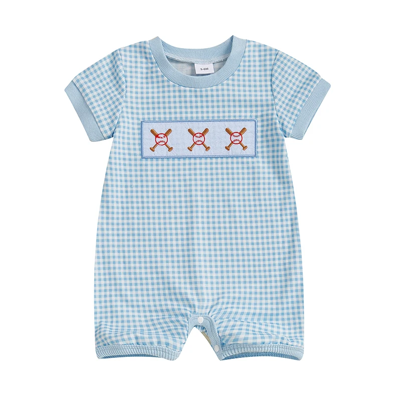 

Комбинезоны для маленьких мальчиков, бейсбольная вышивка, клетчатая летняя одежда с круглым вырезом и короткими рукавами, боди, комбинезоны