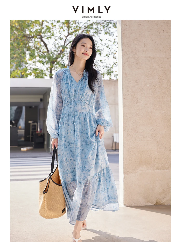 VIMLY Spring Summer Casual Floral Holiday Bohemian Dress Women's Elegant V Neck Long puff Sleeve OL Work Party A-Line DressA0617