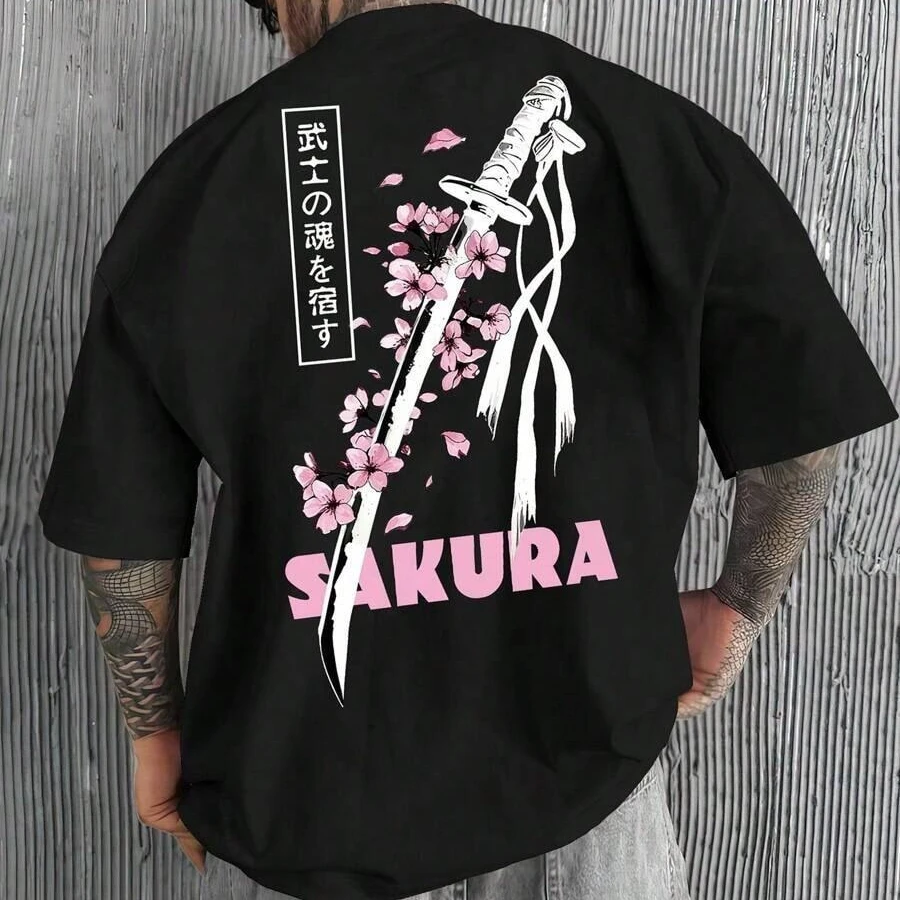 Men's New Summer T-shirt with Purple Flower Samurai Sword Pattern Suitable for Daily Wear 100% Pure Cotton Material Versatile