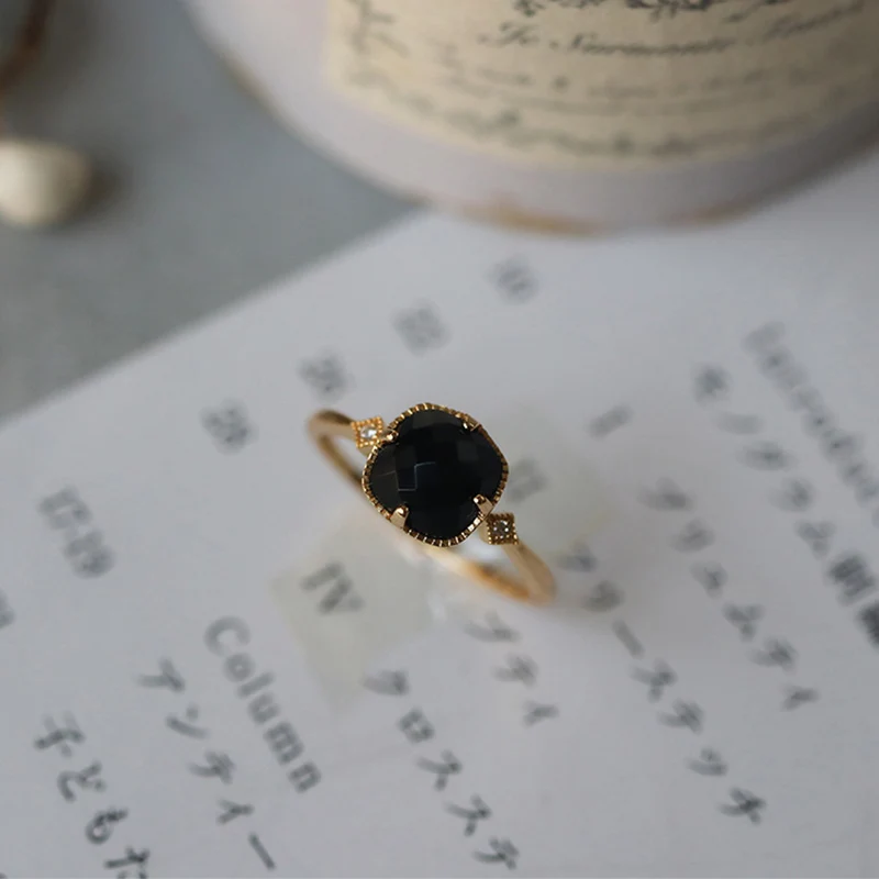 Foxanry Gold Color Black Zircon Rings For Women Couples Minimalist Fashion Classic Elegant Vintage Engagement Jewelry Gifts