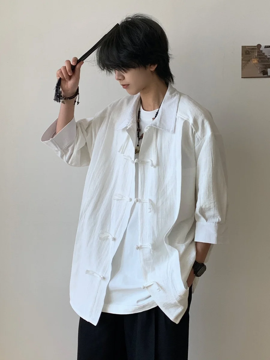 

y New Chinese Sle Retro Tang Suiting Loose ort Sve Pure Color irt Men Casual Unstarched arp Collar Summer