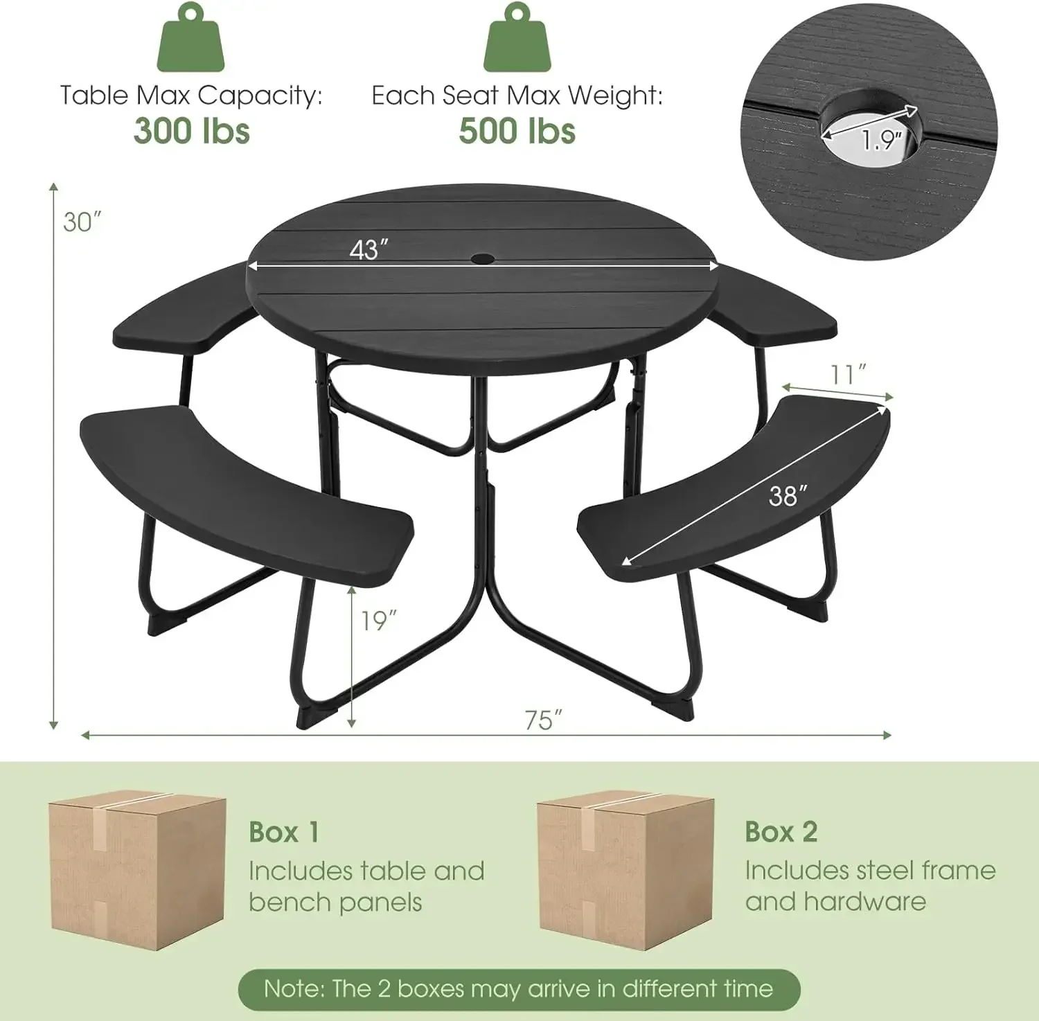 Set tavolo da picnic per fino a 8 persone, tavolo rotondo da esterno e panca con foro per ombrellone, piano in HDPE e struttura in metallo, (nero)