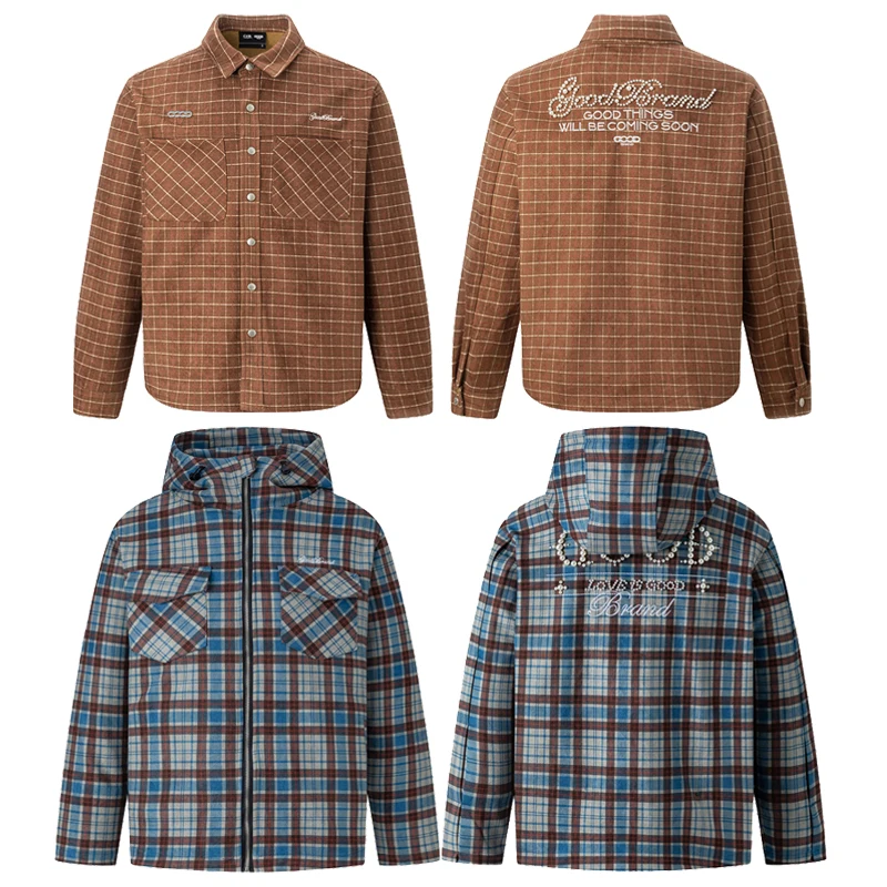 

New style GOODBRAND Hooded Jacket Fashionable Pearl Decoration Embroidery Casual Checkered Outerwear GOOD Jackets Sweatshirt