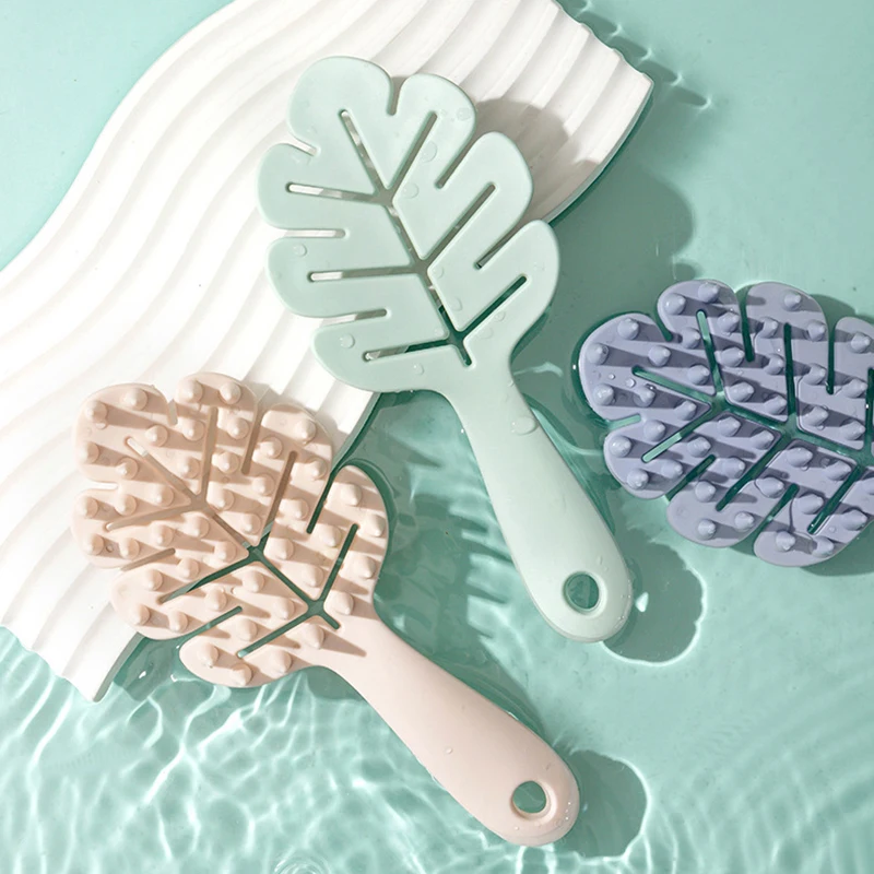 Leaf Shape Silicone Shampoo Brush Head Scalp Massage Soft Hair Comb Long Handle Bath Brush Body Massage Cleansing Tool Gift