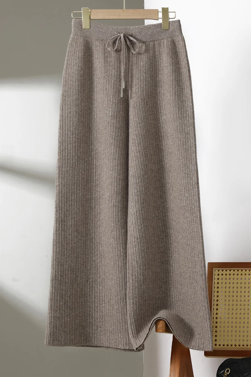 Women 100% Merino Wool Autumn Winter Vertical Rib Knit Wide Leg Pants for Women, Elastic Ribbed Drawstring Waist High Waist Tops