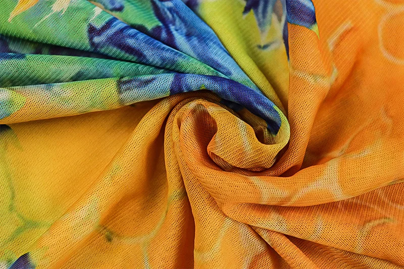 Goldfisch Bunte Print Patchwork Sheer Mesh Maxi Kleid Frauen Mode O Hals Volle Hülse A-line Party Lange Robe Urlaub Outfits