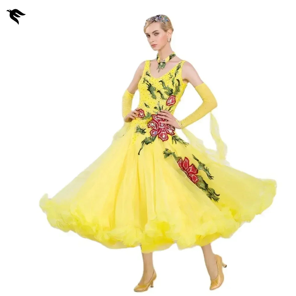 

Vestidos De Noiva Ballroom Dance Competition Dresses for Women Standard Waltz Smooth Modern Dress Long Sleeve with Yellow Color