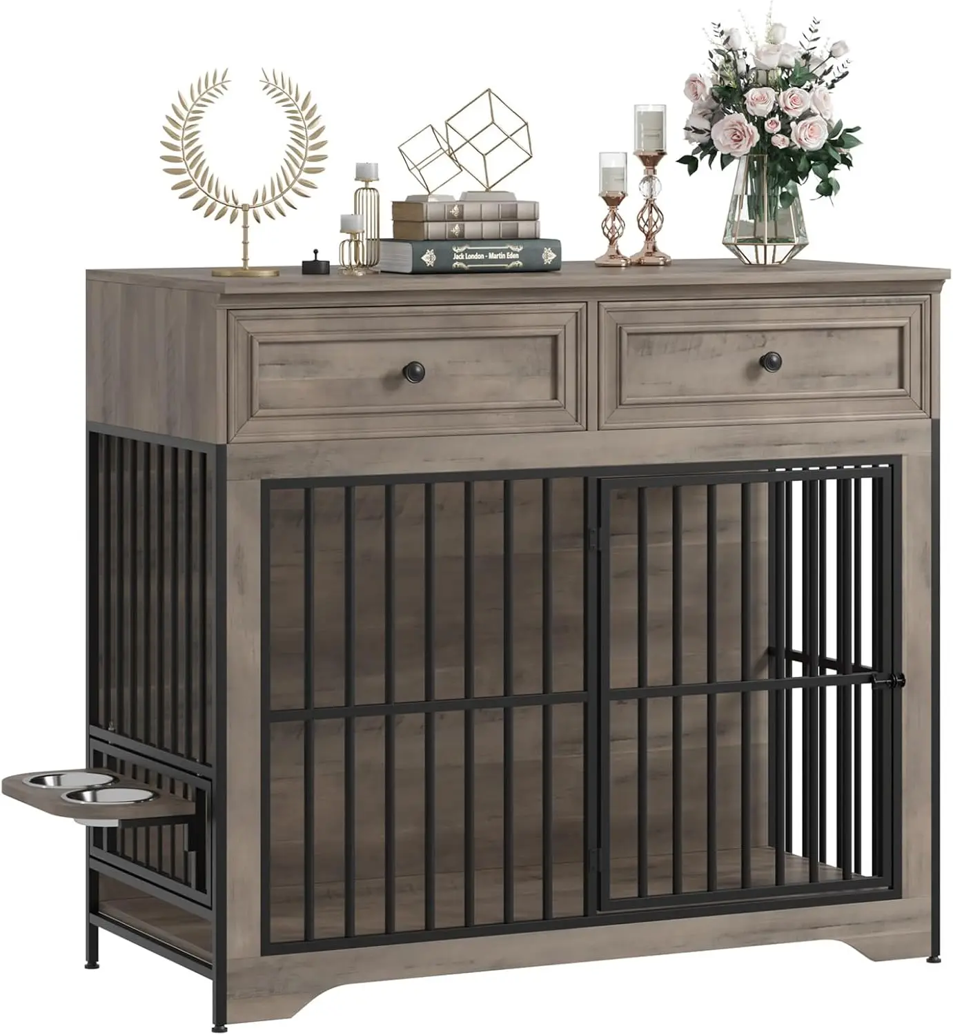 

42' Modern Dog Crate Furniture, Wooden Dog Kennel for Medium to Large with 360°Rotating & 3-Levels