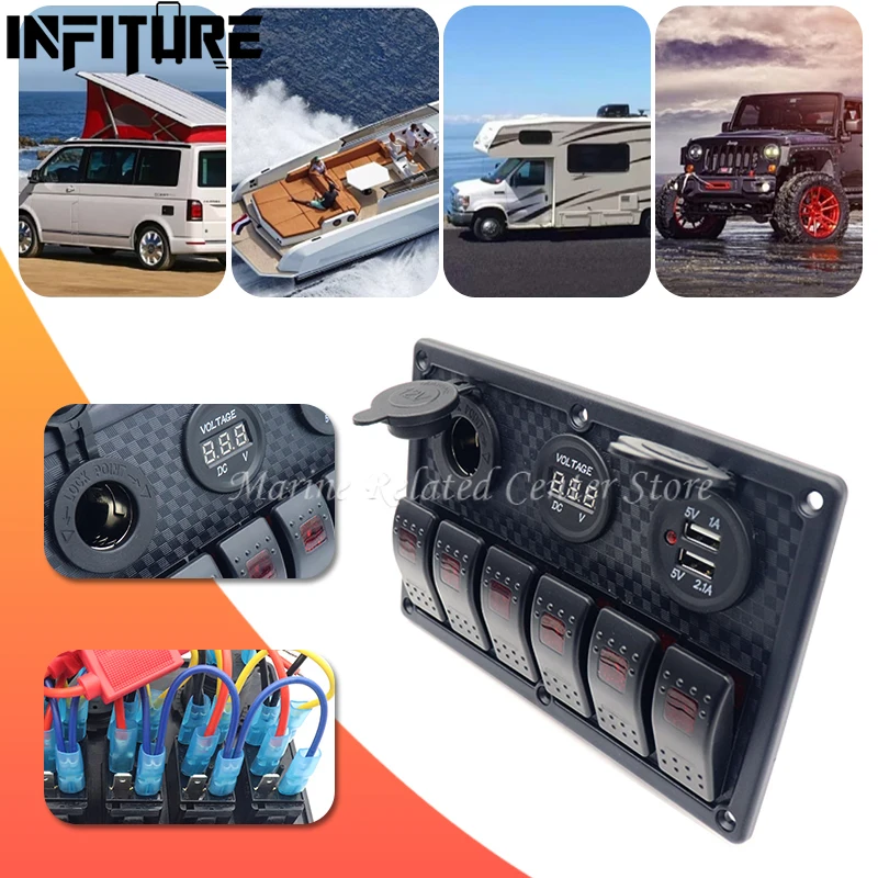 

24V 12V 6 Buttons Switch Panel with Digital Voltmeter Tester USB Chargers 3.0 Light Toggle Car Power Adapter Marine Boat Caravan